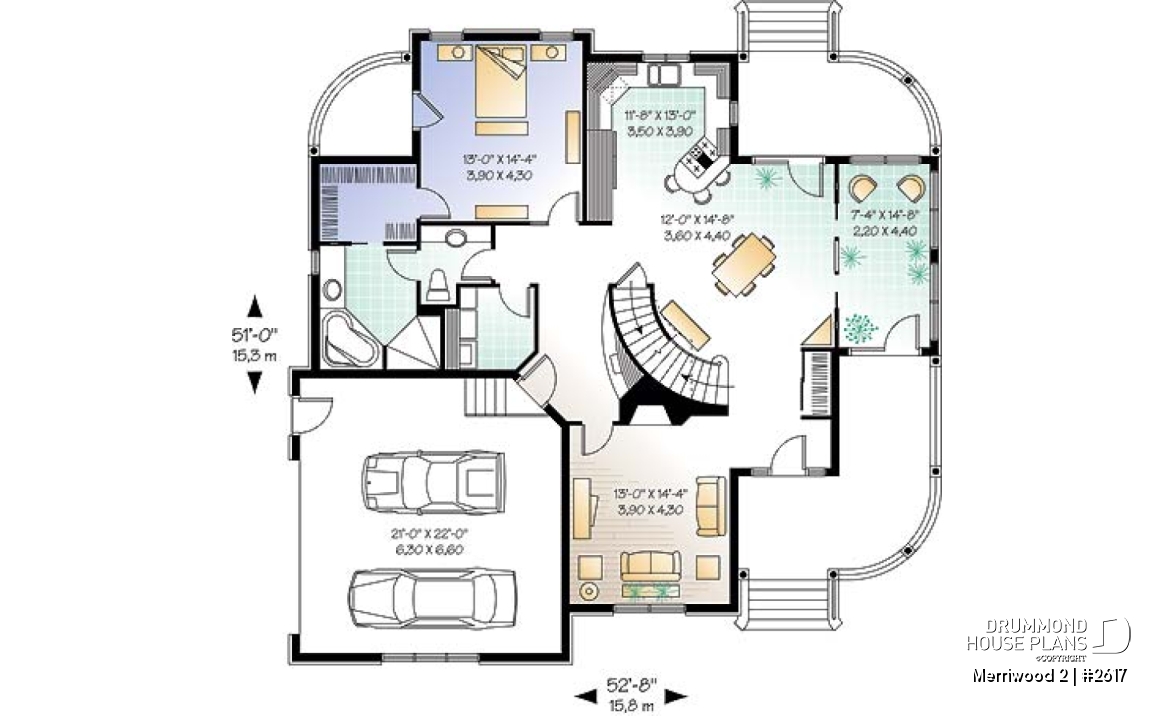 1st level - Country affordable 4 bedrooms home plan, master suite on main floor with private balcony, solarium room - Merriwood 2
