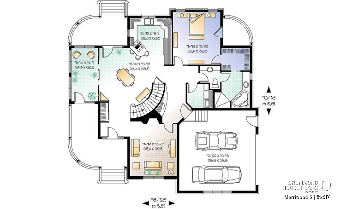 1st level - Country affordable 4 bedrooms home plan, master suite on main floor with private balcony, solarium room - Merriwood 2