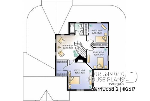 2nd level - Country affordable 4 bedrooms home plan, master suite on main floor with private balcony, solarium room - Merriwood 2