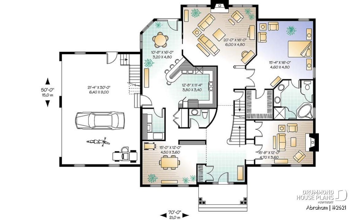 1st level - Big family house plan with 3-car garage, 4 bedrooms, main floor master suite, guest suite, formal dining - Abraham