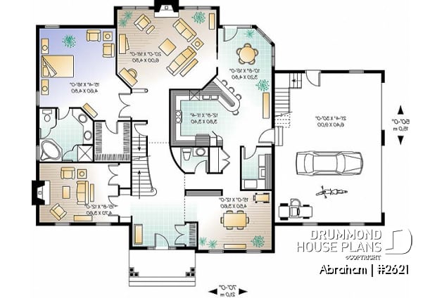1st level - Big family house plan with 3-car garage, 4 bedrooms, main floor master suite, guest suite, formal dining - Abraham