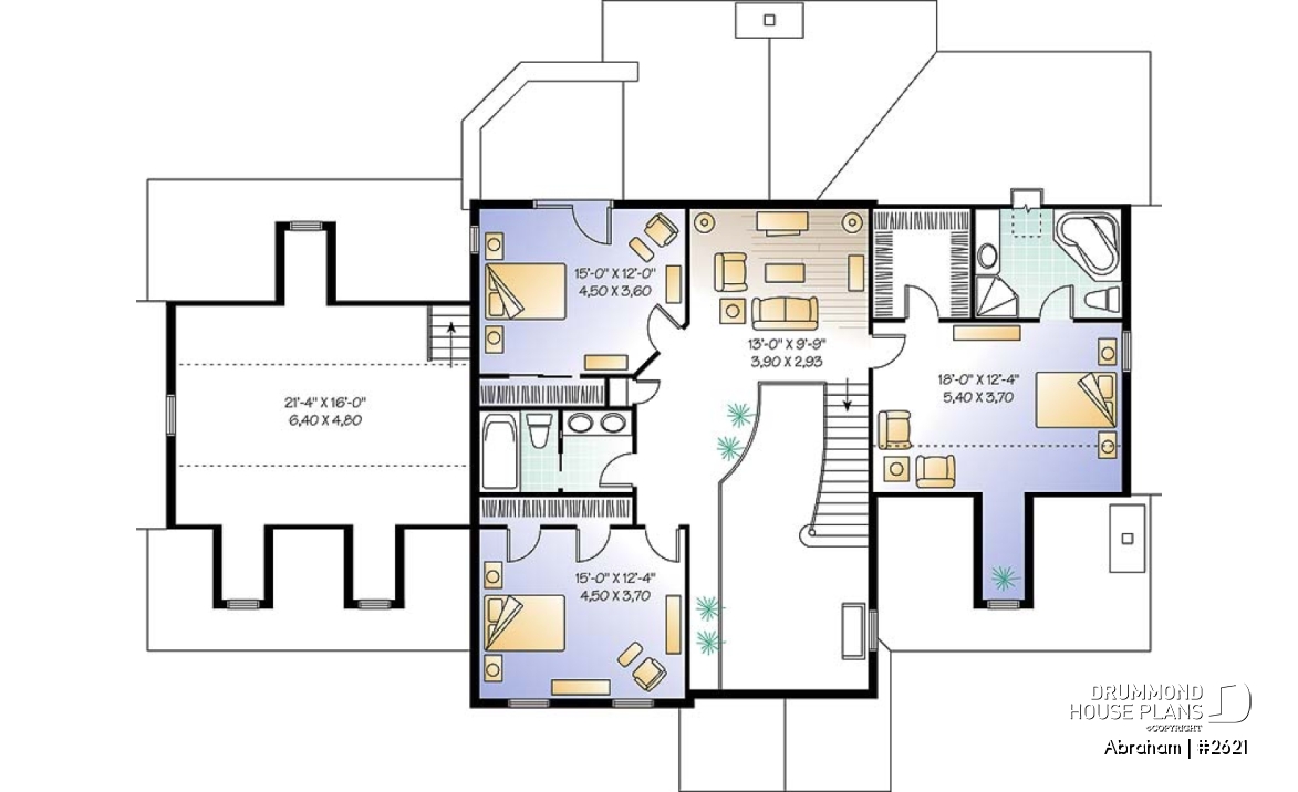 2nd level - Big family house plan with 3-car garage, 4 bedrooms, main floor master suite, guest suite, formal dining - Abraham