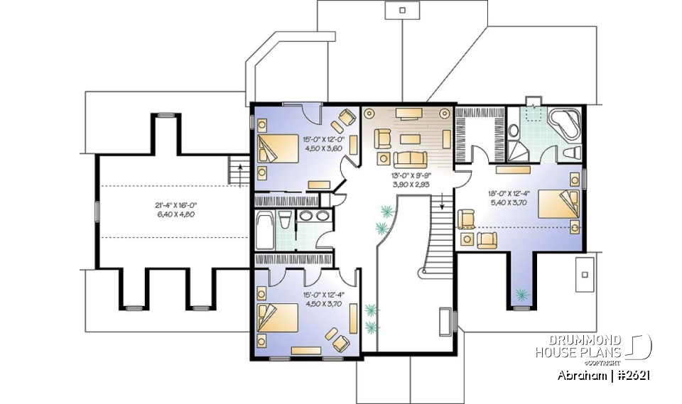 2nd level - Big family house plan with 3-car garage, 4 bedrooms, main floor master suite, guest suite, formal dining - Abraham