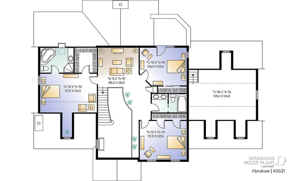 2nd level - Big family house plan with 3-car garage, 4 bedrooms, main floor master suite, guest suite, formal dining - Abraham