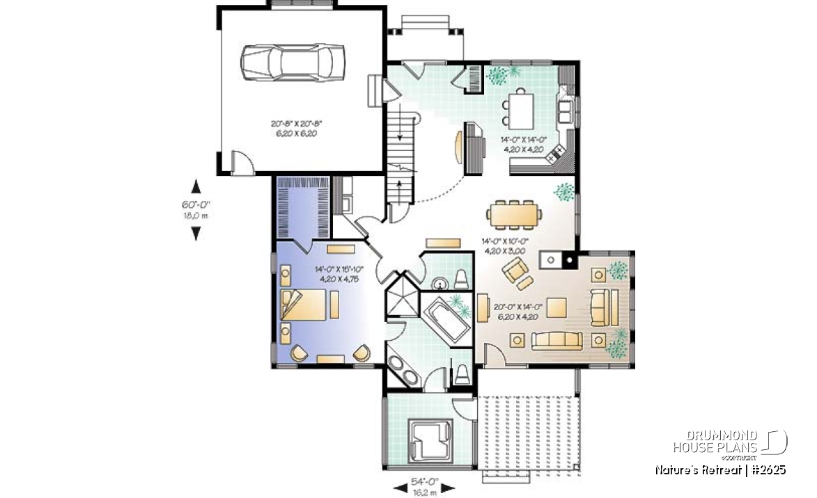 1st level - Lakefront cottage style house plan, 2-car garage, master suite,  large family room - Nature's Retreat
