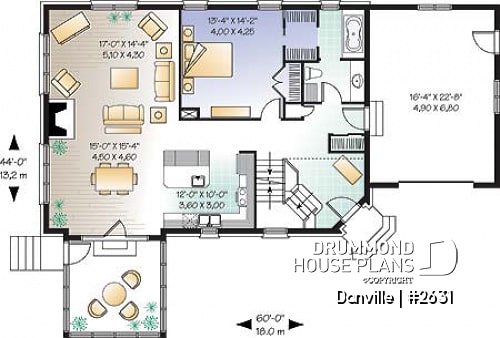 1st level - Lakefront Country home plan with game room, solarium & open floor plan, 3 to 4 bed, 2 to 3 bath - Danville
