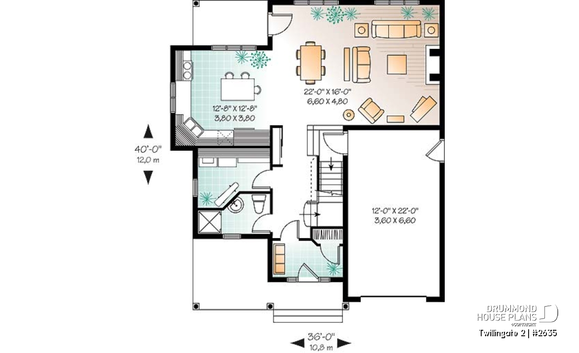 1st level - Tudor inspired home plan with garage, 3 to 4 bedrooms, open floor plan with fireplace and bonus room - Twillingate 2