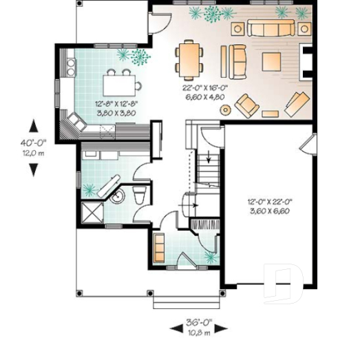 1st level - Tudor inspired home plan with garage, 3 to 4 bedrooms, open floor plan with fireplace and bonus room - Twillingate 2
