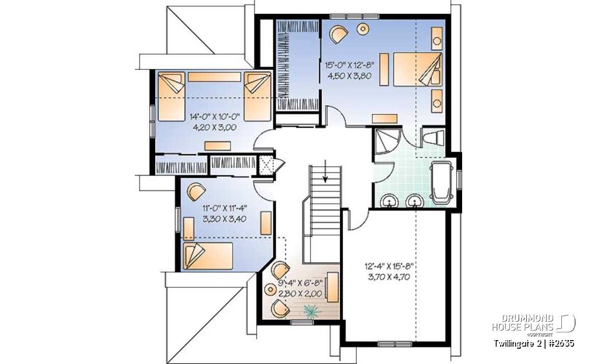 2nd level - Tudor inspired home plan with garage, 3 to 4 bedrooms, open floor plan with fireplace and bonus room - Twillingate 2