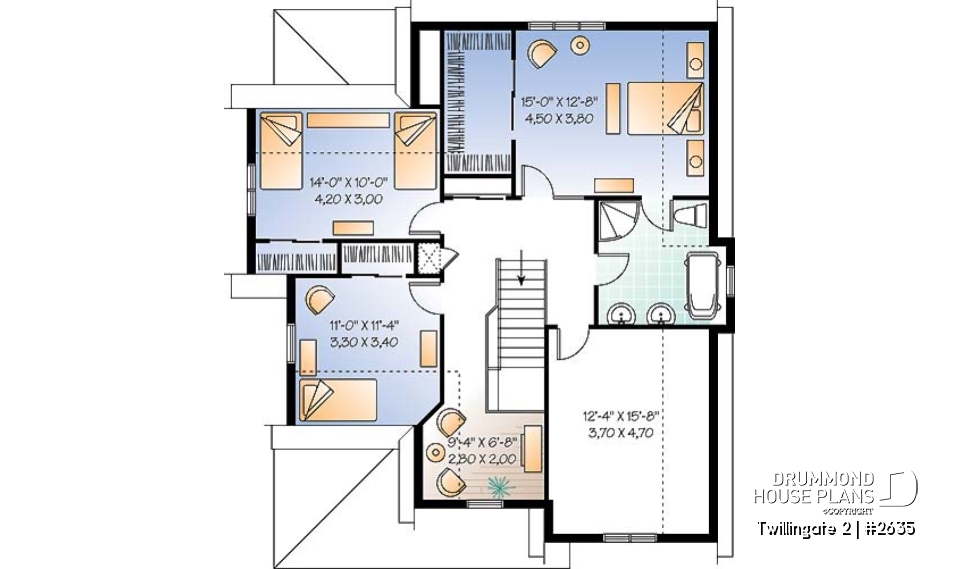 2nd level - Tudor inspired home plan with garage, 3 to 4 bedrooms, open floor plan with fireplace and bonus room - Twillingate 2