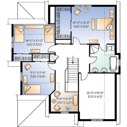 2nd level - Tudor inspired home plan with garage, 3 to 4 bedrooms, open floor plan with fireplace and bonus room - Twillingate 2