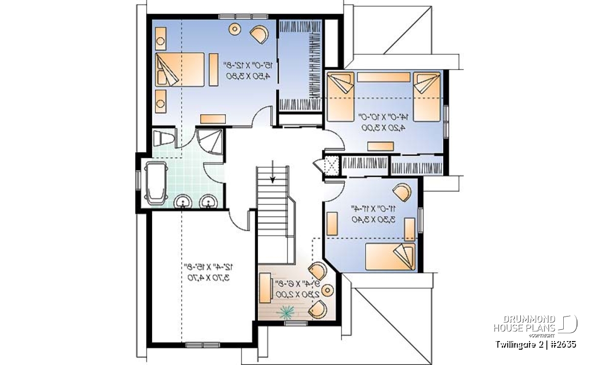 2nd level - Tudor inspired home plan with garage, 3 to 4 bedrooms, open floor plan with fireplace and bonus room - Twillingate 2