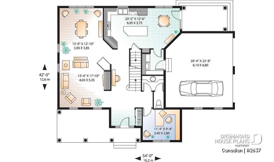 1st level - 2-story 3 to 4 bedrooms house plan, 2.5 bathrooms, large bonus room, side-load 2-car garage, home office - Canadian