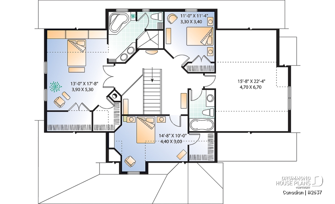 2nd level - 2-story 3 to 4 bedrooms house plan, 2.5 bathrooms, large bonus room, side-load 2-car garage, home office - Canadian
