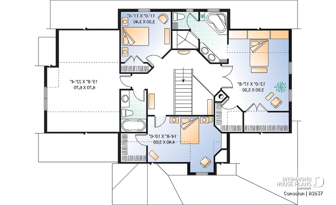 2nd level - 2-story 3 to 4 bedrooms house plan, 2.5 bathrooms, large bonus room, side-load 2-car garage, home office - Canadian