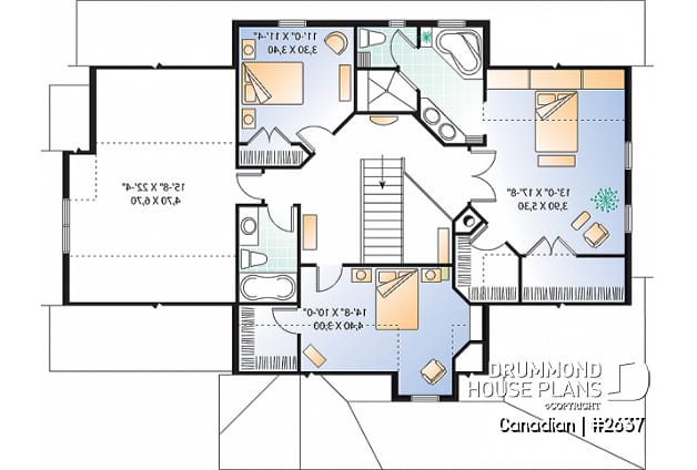 2nd level - 2-story 3 to 4 bedrooms house plan, 2.5 bathrooms, large bonus room, side-load 2-car garage, home office - Canadian