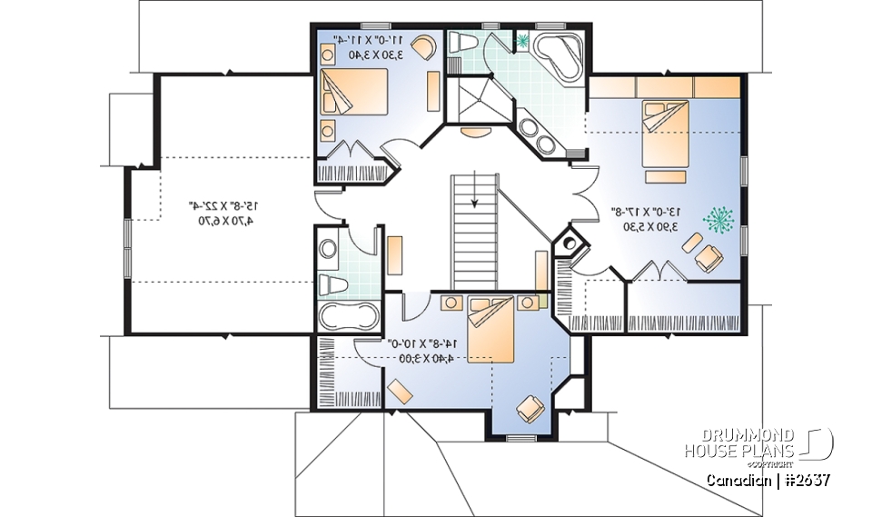 2nd level - 2-story 3 to 4 bedrooms house plan, 2.5 bathrooms, large bonus room, side-load 2-car garage, home office - Canadian