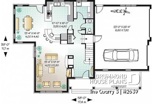 1st level - Country style house plan of 3 bedrooms, built-ins & fireplace in the family room - The Quarry 3