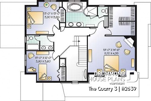 2nd level - Country style house plan of 3 bedrooms, built-ins & fireplace in the family room - The Quarry 3