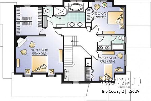 2nd level - Country style house plan of 3 bedrooms, built-ins & fireplace in the family room - The Quarry 3
