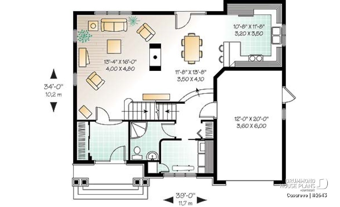 1st level - House plan with large laundry room, 2-sided fireplace, 4 bedrooms, garage - Casareve