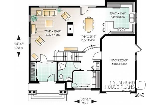 1st level - House plan with large laundry room, 2-sided fireplace, 4 bedrooms, garage - Casareve