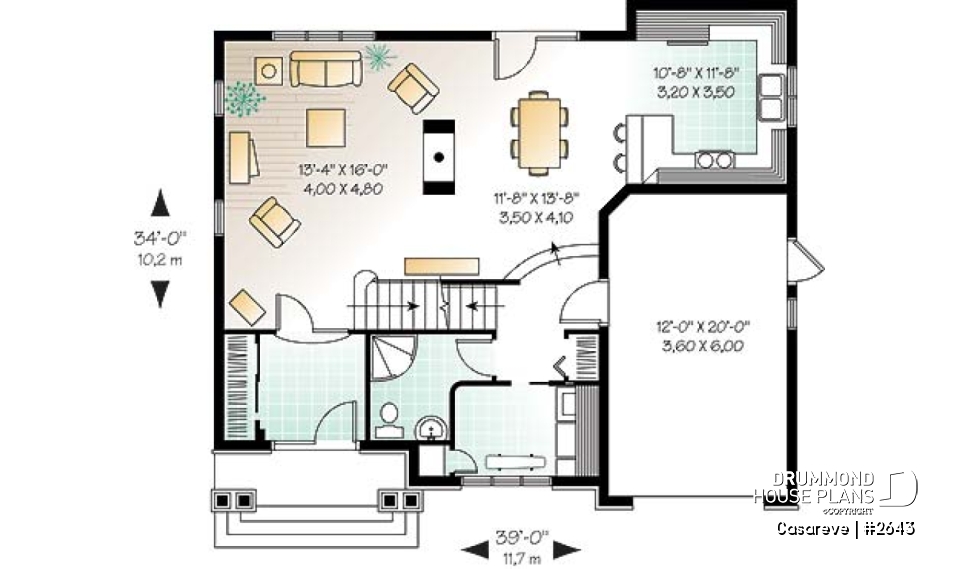 1st level - House plan with large laundry room, 2-sided fireplace, 4 bedrooms, garage - Casareve