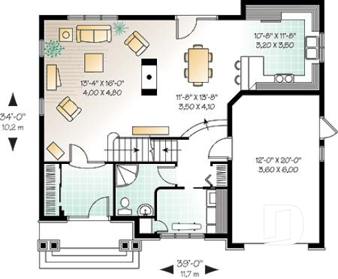 1st level - House plan with large laundry room, 2-sided fireplace, 4 bedrooms, garage - Casareve