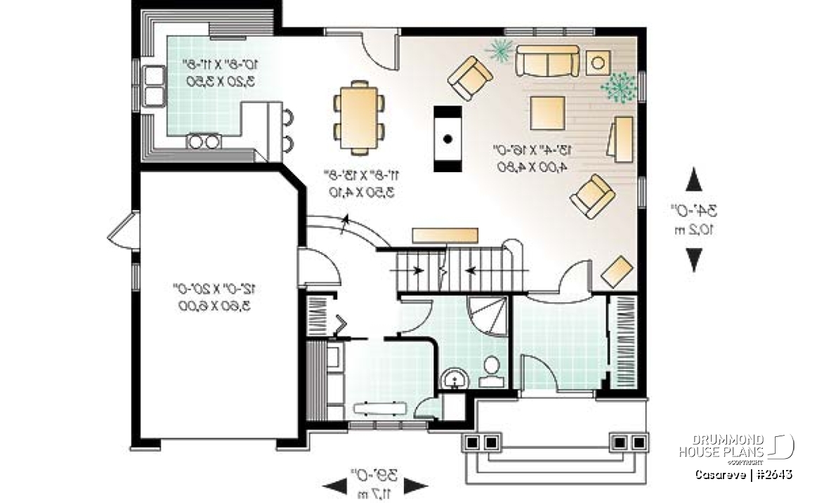 1st level - House plan with large laundry room, 2-sided fireplace, 4 bedrooms, garage - Casareve