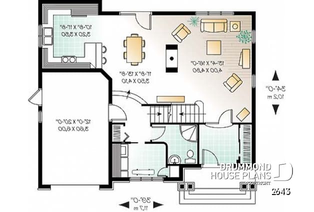 1st level - House plan with large laundry room, 2-sided fireplace, 4 bedrooms, garage - Casareve
