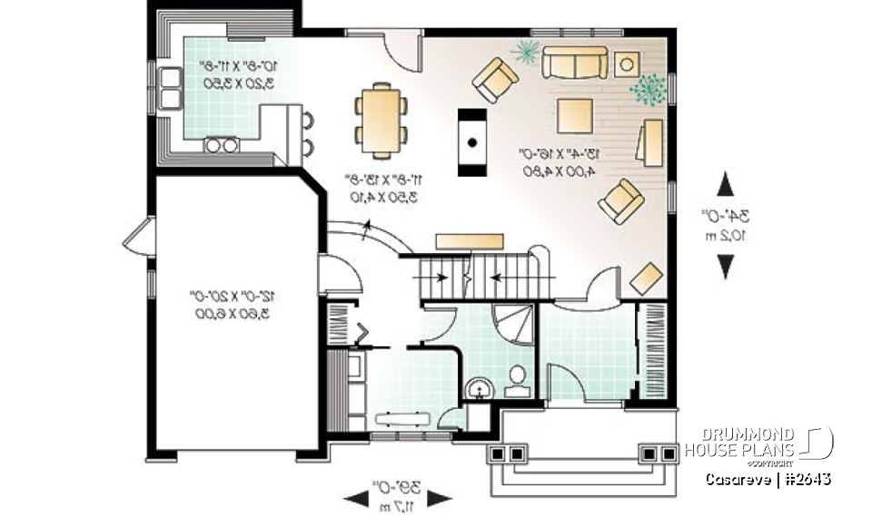 1st level - House plan with large laundry room, 2-sided fireplace, 4 bedrooms, garage - Casareve