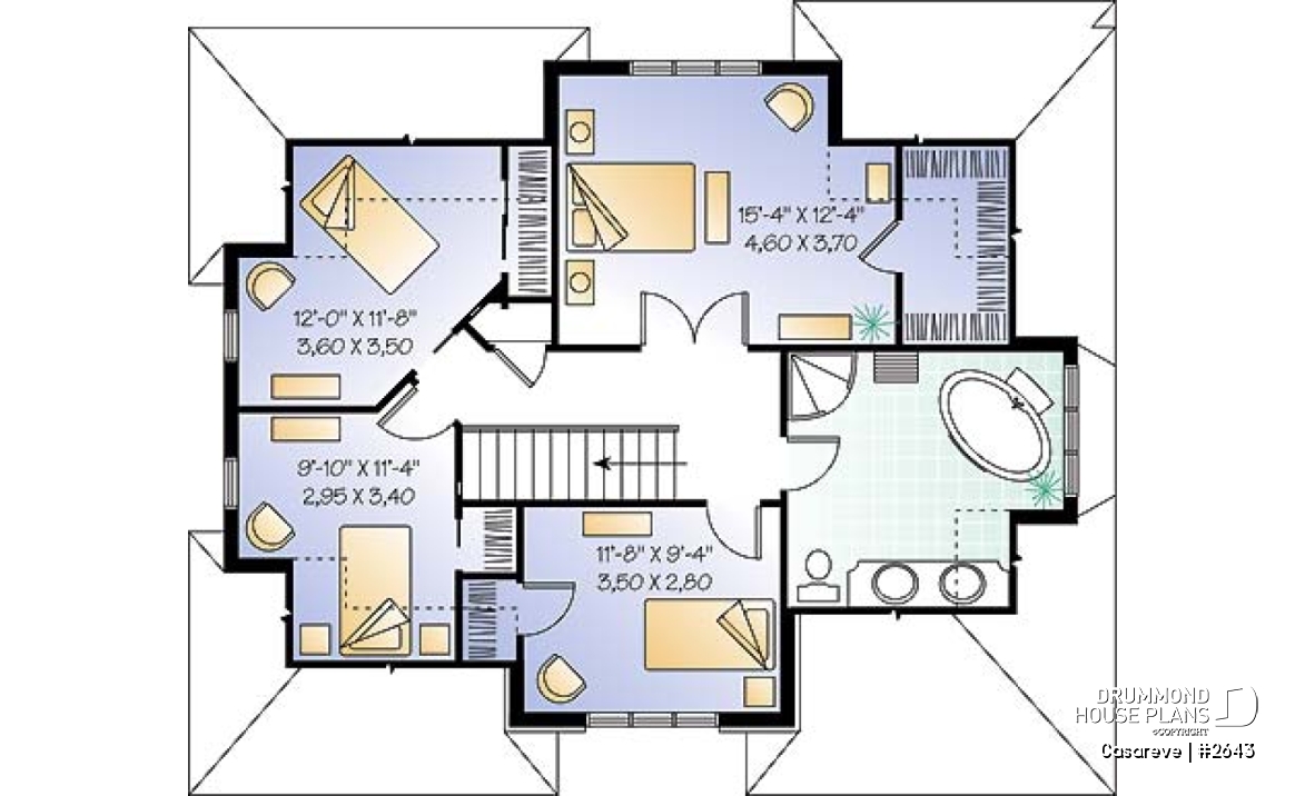 2nd level - House plan with large laundry room, 2-sided fireplace, 4 bedrooms, garage - Casareve