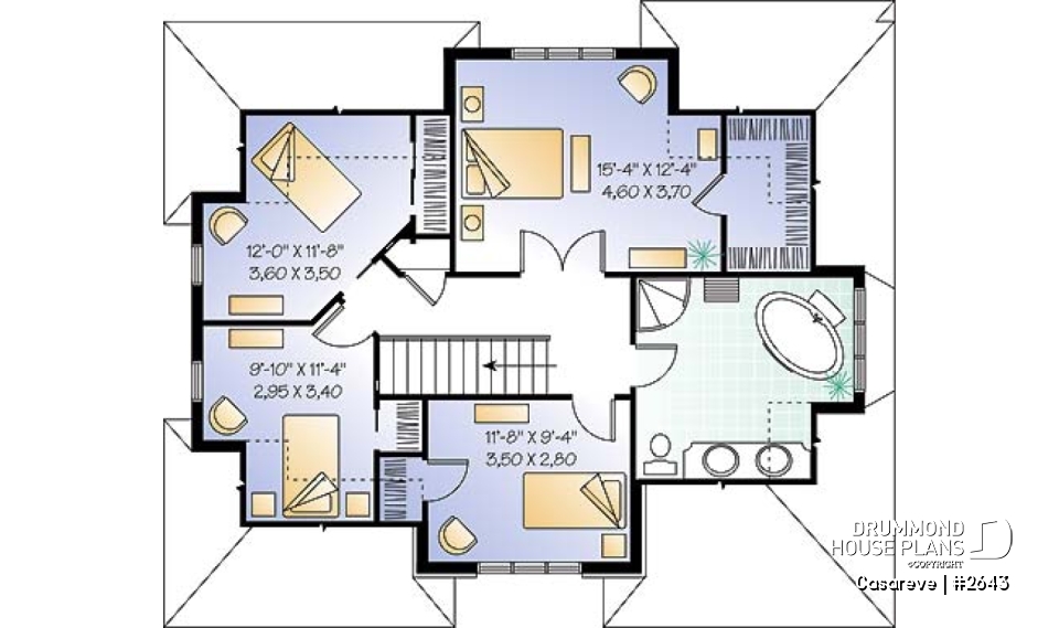 2nd level - House plan with large laundry room, 2-sided fireplace, 4 bedrooms, garage - Casareve