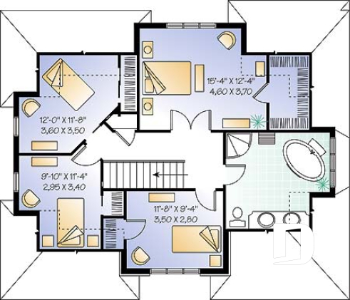 2nd level - House plan with large laundry room, 2-sided fireplace, 4 bedrooms, garage - Casareve