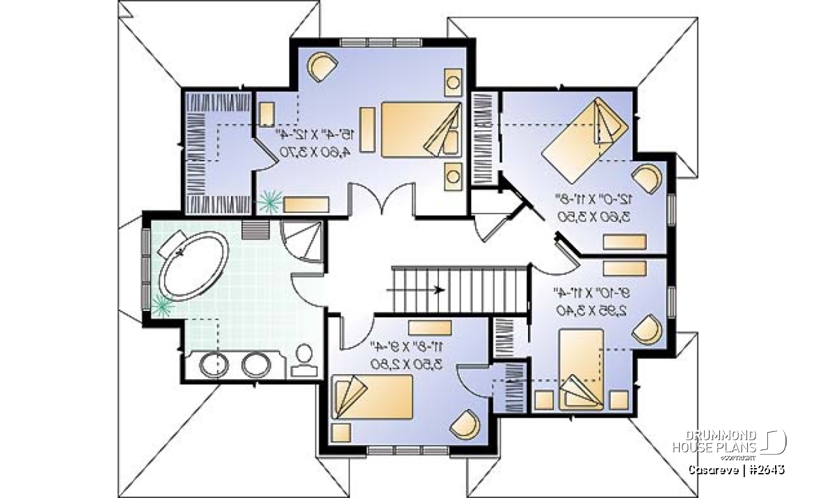 2nd level - House plan with large laundry room, 2-sided fireplace, 4 bedrooms, garage - Casareve