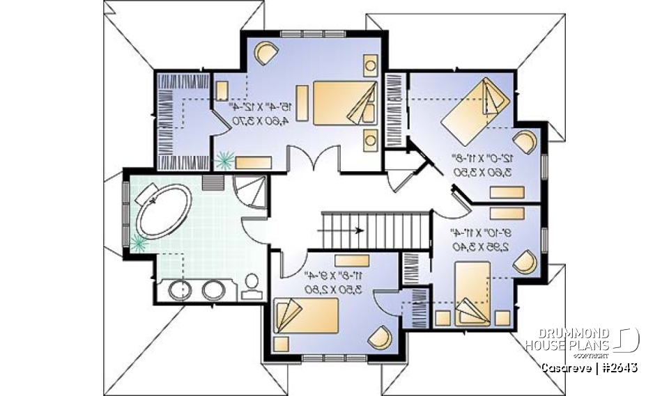 2nd level - House plan with large laundry room, 2-sided fireplace, 4 bedrooms, garage - Casareve