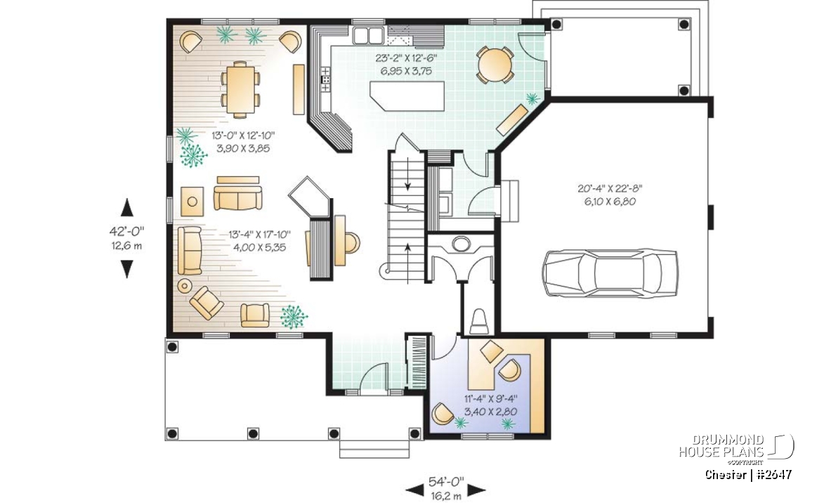 1st level - Traditional home plan with 3 to 5 bedrooms, a large kitchen with breakfast table, 9' ceiling, home office - Chester
