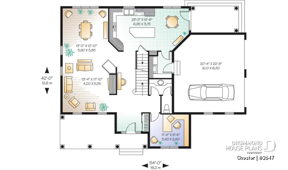 1st level - Traditional home plan with 3 to 5 bedrooms, a large kitchen with breakfast table, 9' ceiling, home office - Chester
