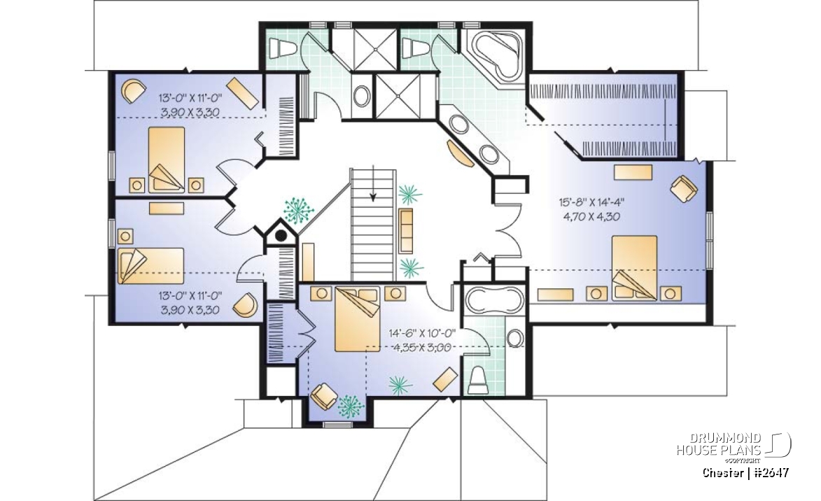2nd level - Traditional home plan with 3 to 5 bedrooms, a large kitchen with breakfast table, 9' ceiling, home office - Chester