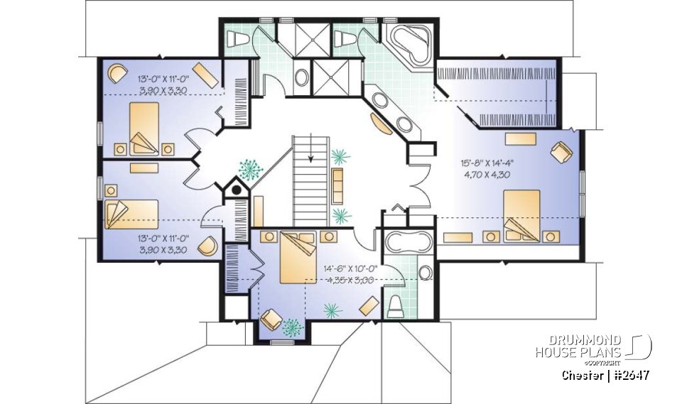 2nd level - Traditional home plan with 3 to 5 bedrooms, a large kitchen with breakfast table, 9' ceiling, home office - Chester