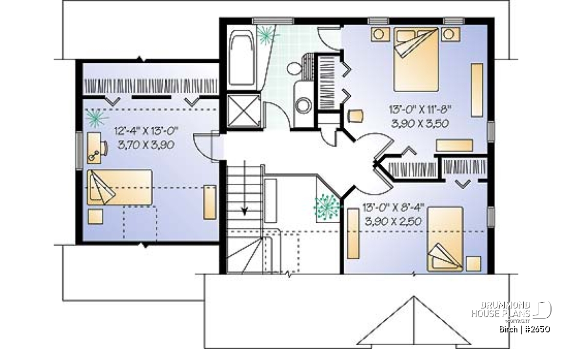 2nd level - 2 storey house plan with one-car garage, open floor plan and 3 bedrooms.  - Birch