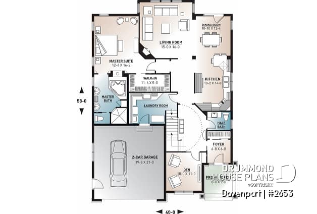 1st level - European luxury house plan, 3 to 4 bedrooms, open stairwell, 2-car garage  - Davenport
