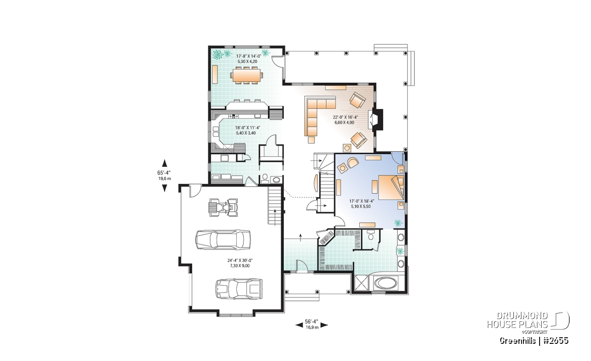 1st level - 4 bedroom 3 bathroom house plan with 3-car garage, farmhouse style, covered terrace, pantry, fireplace - Greenhills