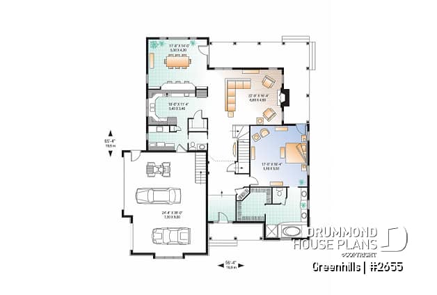 1st level - 4 bedroom 3 bathroom house plan with 3-car garage, farmhouse style, covered terrace, pantry, fireplace - Greenhills