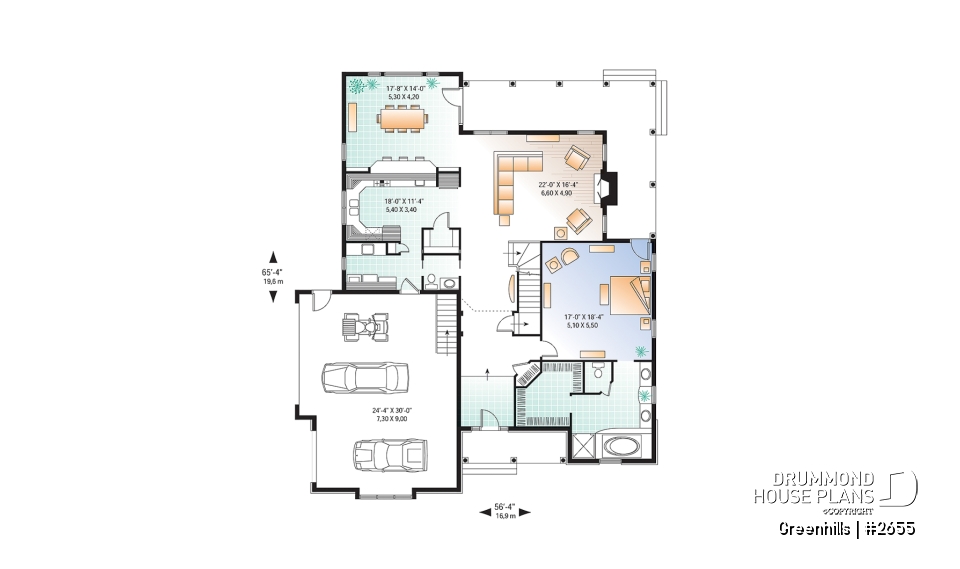 1st level - 4 bedroom 3 bathroom house plan with 3-car garage, farmhouse style, covered terrace, pantry, fireplace - Greenhills