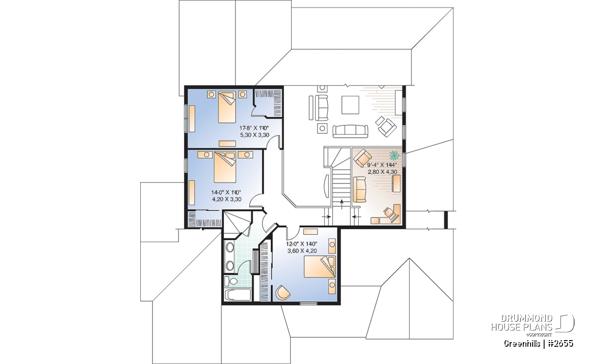2nd level - 4 bedroom 3 bathroom house plan with 3-car garage, farmhouse style, covered terrace, pantry, fireplace - Greenhills