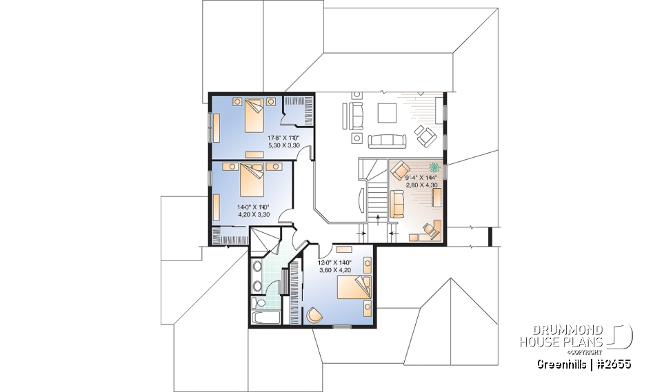 2nd level - 4 bedroom 3 bathroom house plan with 3-car garage, farmhouse style, covered terrace, pantry, fireplace - Greenhills