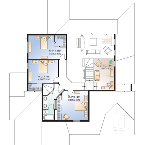 2nd level - 4 bedroom 3 bathroom house plan with 3-car garage, farmhouse style, covered terrace, pantry, fireplace - Greenhills