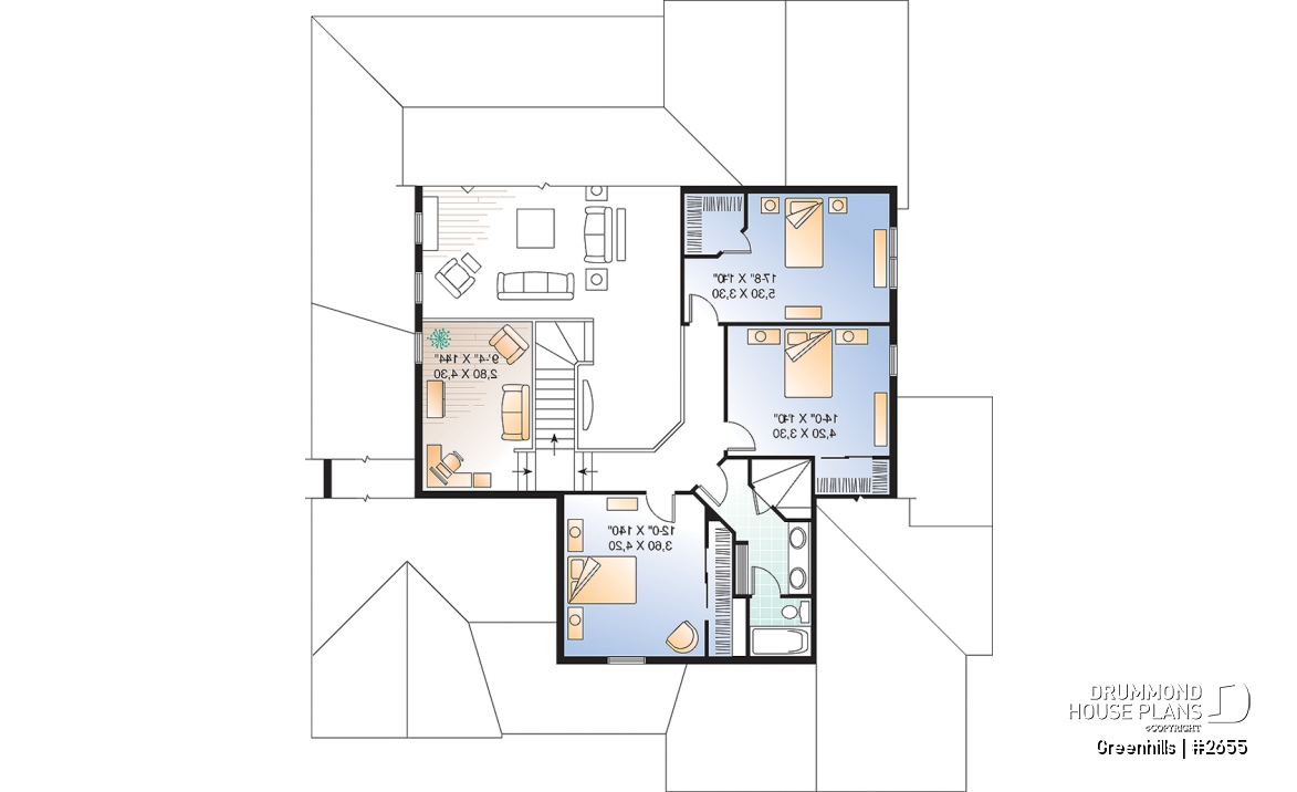 2nd level - 4 bedroom 3 bathroom house plan with 3-car garage, farmhouse style, covered terrace, pantry, fireplace - Greenhills