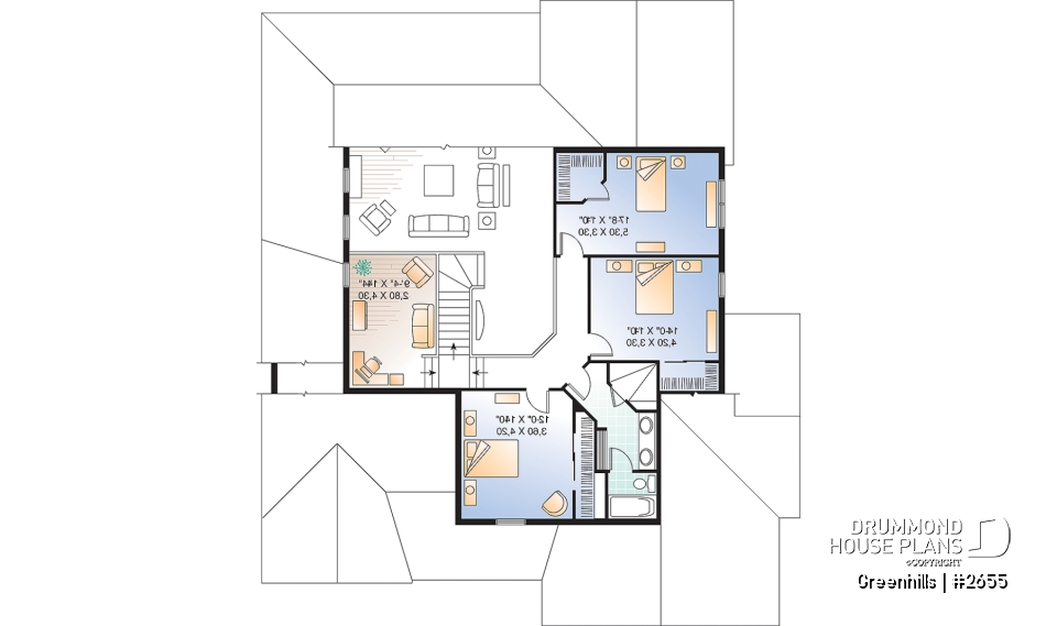 2nd level - 4 bedroom 3 bathroom house plan with 3-car garage, farmhouse style, covered terrace, pantry, fireplace - Greenhills